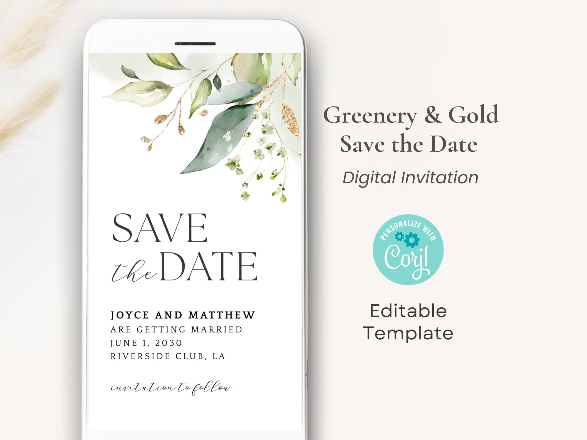 Save the Date Digital Invite - Greenery and Gold design preview